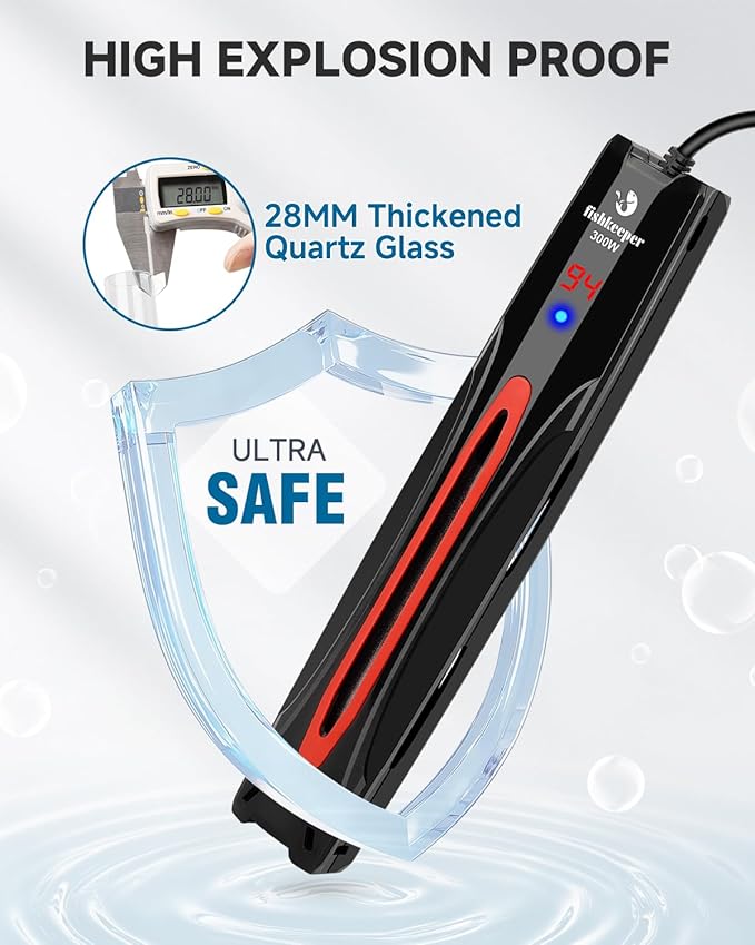 fishkeeper 300W/500W/800W Adjustable Submersible Aquarium Heater - PID Electronic Smart Thermostat Fish Tank Heater with Out-of-Water/Run-Dry/Overheat/Low-Temp Protection for 40-220 Gal Fish Tanks