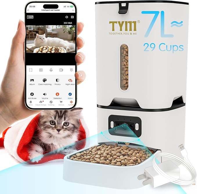 TYM Automatic Cat Feeder with Camera, 5G WiFi Automatic Dog Feeder with APP Control, 7L Remote Feeding Auto Cat Food Dispenser,Reliable, Easy Cleaning