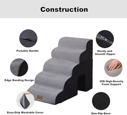 Dog Ramp for Large Dogs - 5 Steps 24" H Pet Stairs for High Bed with Tunnel 2 in 1 with Zippers Suitable, Indoor Cat Ladders with Non-Slip Bottom, Black