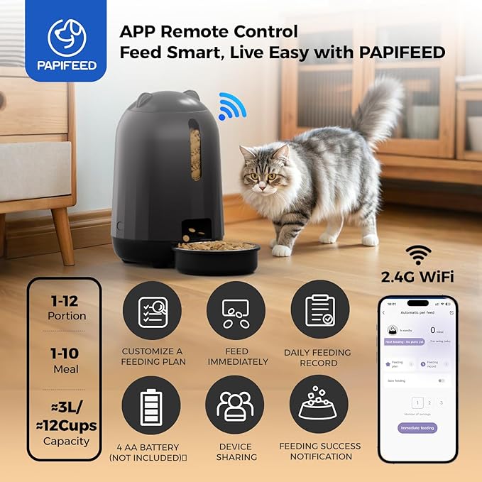 PAPIFEED Automatic Cat Feeder with App Control, 2.4G WiFi Auto Cat Food Dispenser, 3L Cat Feeder Automatic with Dual Power Supply, Easy-Clean Design for Cats & Small Dogs (Black)