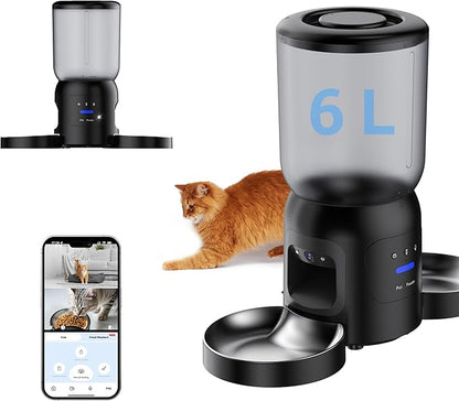 Smart Pet Feeder with 2K Dual Camera & AI Recognition, Dual Bowl Set,6L Automatic Cat Dog Feeder with App Control, 2.4G/5G WiFi, Voice Message, Pet Interaction, Motion Tracking, No Clog, Dual Power,