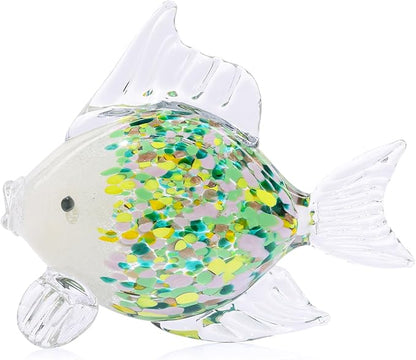 Large Hand Blown Glass Fish Figurines, Aquarium Sea Glass Art, Emerald Green Fish Statue Sculpture Modern Coastal Accent - for Beach Knick Knacks, Coffee Tables, Nautical Offices Centerpiece