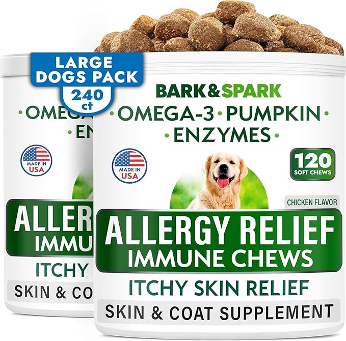BARK&SPARK Dog Allergy Relief Chews (240 Immune Treats) - Anti-Itch Skin & Coat Supplement - Omega 3 Fish Oil - Itchy Skin Relief Treatment Pills - Itching & Paw Licking - Dry Skin&Hot Spots - Chicken