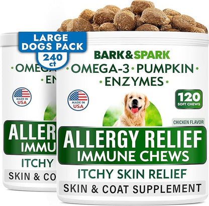 BARK&SPARK Dog Allergy Relief Chews (240 Immune Treats) - Anti-Itch Skin & Coat Supplement - Omega 3 Fish Oil - Itchy Skin Relief Treatment Pills - Itching & Paw Licking - Dry Skin&Hot Spots - Chicken