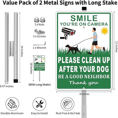 (2 Pack) Clean Up After Your Dog Signs, Please Pick Up After Your Dog Sign for Yard, No Pooping Dogs Signage for Yards, 8x28 Heavy Duty Aluminum Weather Resistant and Easy to Install with Stake (Green)