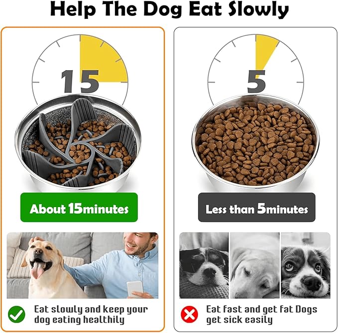 Elevated Dog Bowls for Large Dogs with Slow Feeder & Mat, 4 Height Adjustable & 101oz Bowls, Tall Raised Dog Bowl Stand