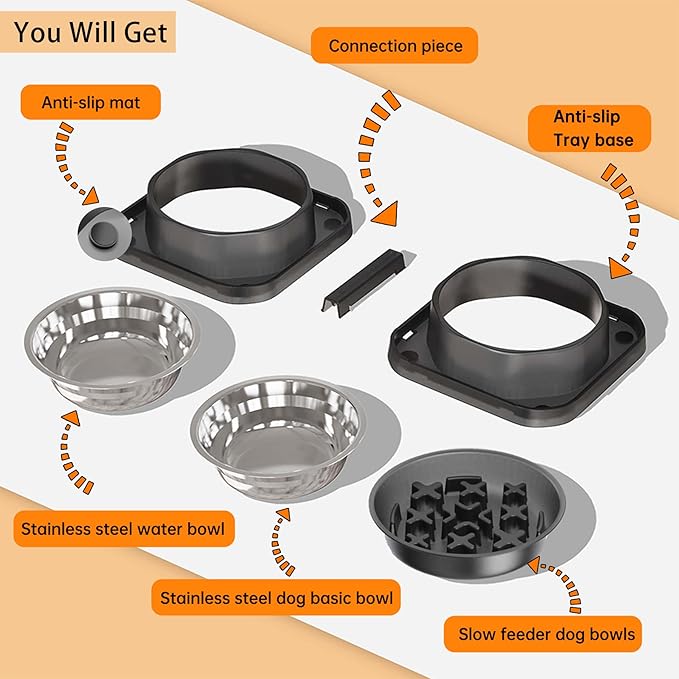 Set of 2 Stainless Steel Dog Food and Water Bowl with Puzzle Dish, Freely Combinable Feeding Set for Dogs Cats, Spill Proof Neater Dog Bowls, Pet Feeder Bowl for Puppy Small Breeds