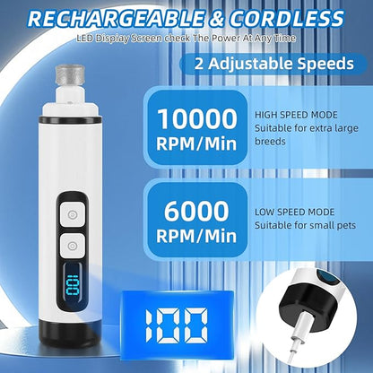 Dog Nail Grinder Super Quiet 2025 New Electric Pet Nail Grinder with LED Lights, USB Rechargeable, Cordless and 2 Speeds, Painless Nail Trimmer for Dogs and Cats Small to Large Pets (White-BK)