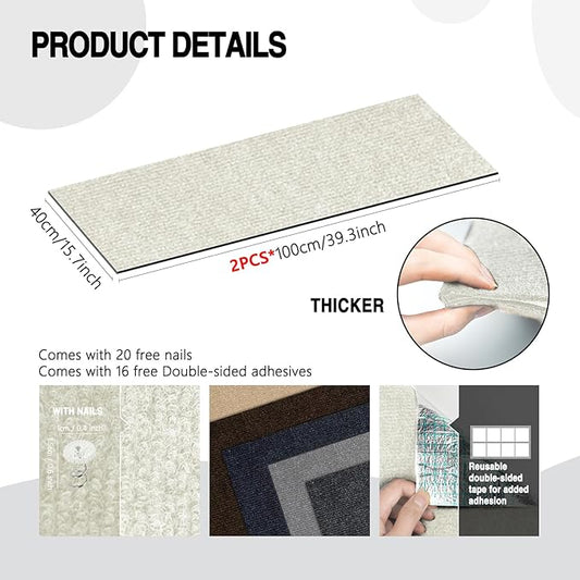 2Pack Total 78.7"x15.8" Cat Scratch Mat for Cat Couch Furniture and Wall Protector | Trimmable Self-Adhesive Carpet Climb Cat Scratcher for Covering Cat Tower and Replacement Pads (OffWhite)