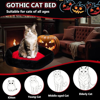 Cat Beds for Indoor Cats, Gothic Cat Beds Fits up to 40 lbs, Washble Coffin Dog Bed, Fluffy Pet Bed, Halloween House 32 * 22.4 Inch, Red & Black Large