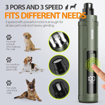 Dog Nail Grinder Upgraded - Professional 3-Speed Super Quiet and Low Vibration Electric Pet Nail Grinder with 4 LED Lights - Painless Paws Grooming & Smoothing for Small to Large Dogs (Green)