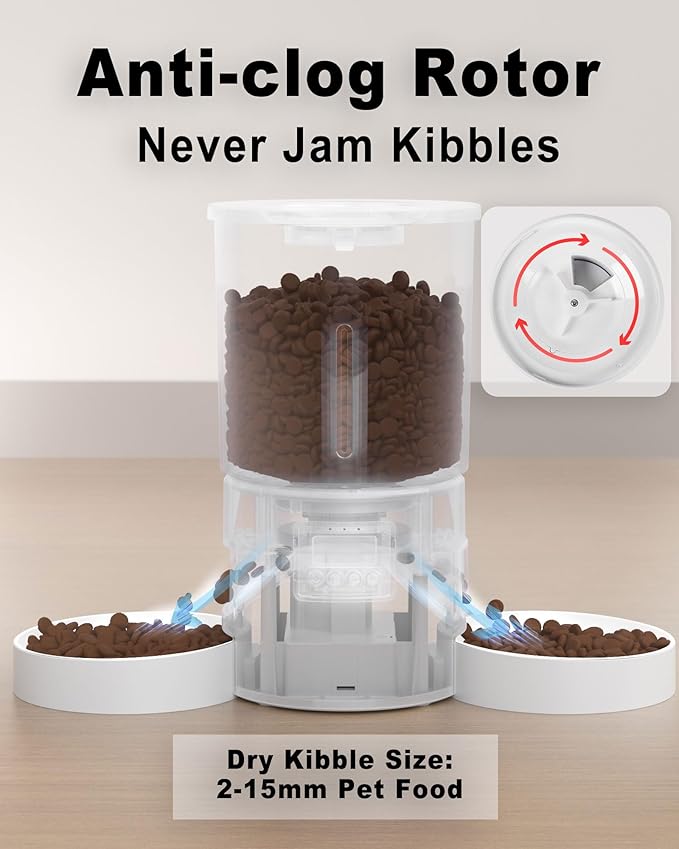 DomoMayli Automatic Cat Feeder for 2 Cats,Dual Bowl Dry Pet Food Dispenser with Portion Control & 10s Voice Recorder,Timer Feeding,Double Power,Quiet Operation(White, ABS Dual Bowls)