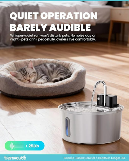 Wireless Cat Water Fountain - 108oz/3.2L Automatic Cat Water Fountain Cordless, Stainless Steel Battery Operated Pet Fountain Rechargeable Water Dispenser for Cats, Dogs, Multiple Pets