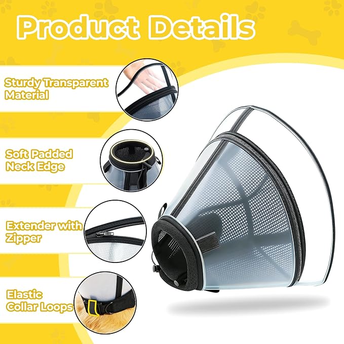 Upgraded Dog Cone Collar for Dogs After Surgery, Soft Transparent Pet Recovery Collar for Large Medium Small Dogs, Depth Adjustable Dog Cone Collar, Elizabethan Collar (XL, Black)