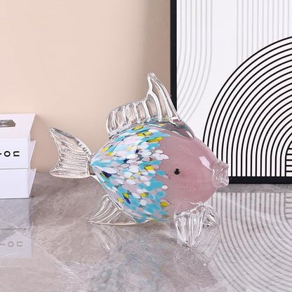 LCCCK Large Hand Blown Glass Fish Figurines, Aquarium Sea Glass Art, Fish Statue Sculpture Modern Coastal Accent - for Beach Knick Knacks, Coffee Tables, Nautical Offices Centerpiece (Colorful Pink)