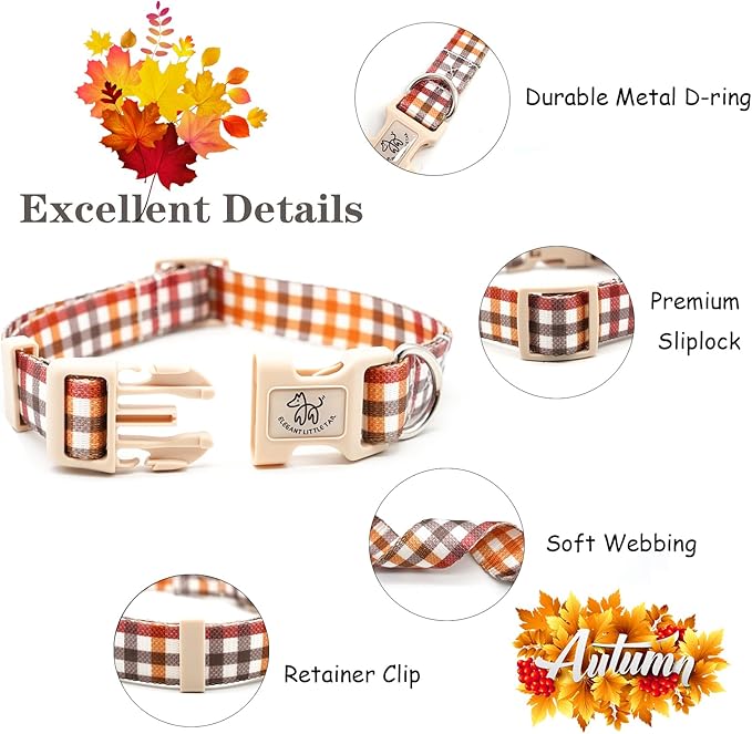 Elegant little tail Dog Collar with Leash, Fall Plaid Pet Collar Leash Adjustable Collar for Small Medium Large Dogs Soft Puppy Collars with Quick Release Buckle Girl Boy Dog Collars