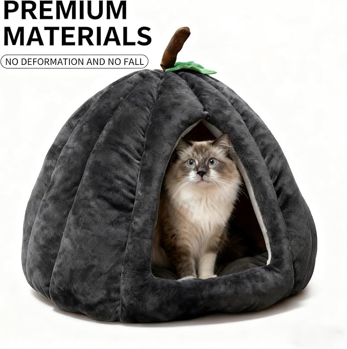 Cat Bed for Indoor Cats - Adorable Cozy Pumpkin Cat Cave with Removable Cushion, Super Soft Pet House Tent for Kittens & Small Pets, Warm & Washable Non-Slip Design(M 17.7 inch Grey)