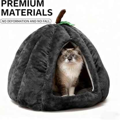 Cat Bed for Indoor Cats - Adorable Cozy Pumpkin Cat Cave with Removable Cushion, Super Soft Pet House Tent for Kittens & Small Pets, Warm & Washable Non-Slip Design(M 17.7 inch Grey)
