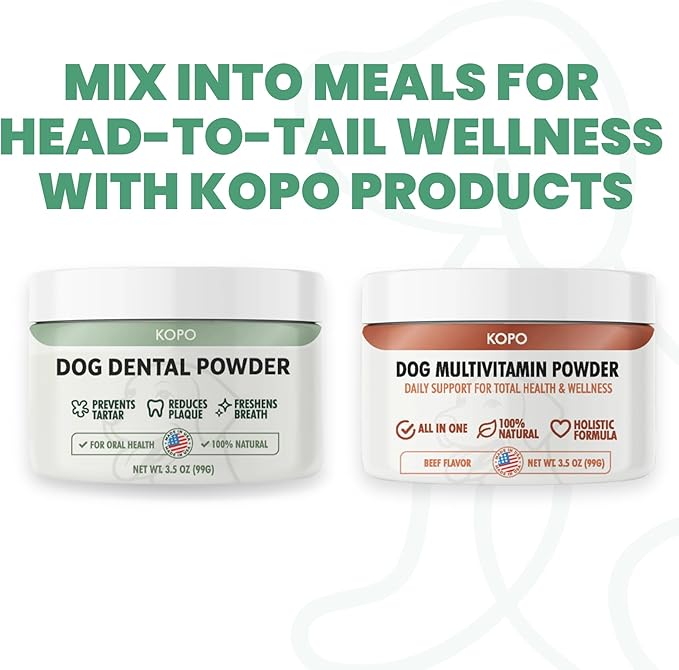 Kopo Dog Dental Powder - Dog Bad Breath Treatment for All Breed Size - Includes Probiotics for Dogs - Easy Way for Dog Teeth Cleaning - One of The Essential Pet Supplies with Beef Flavor