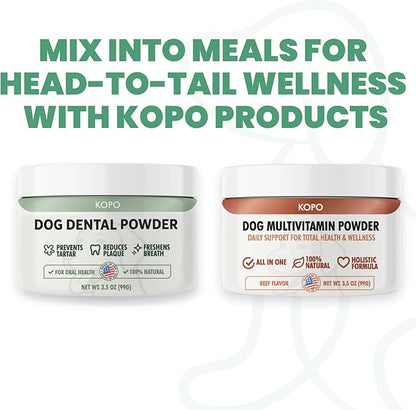 Kopo Dog Dental Powder - Dog Bad Breath Treatment for All Breed Size - Includes Probiotics for Dogs - Easy Way for Dog Teeth Cleaning - One of The Essential Pet Supplies with Beef Flavor