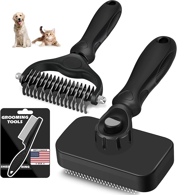 3PCS Self Cleaning Slicker Brush & Pet Grooming Rake & Flea Comb for Dogs,Cats and Horses | Double-Sided Dematting Comb & Skin Friendly Deshedding Grooming Tool | Premium Pet Supplies (Black)