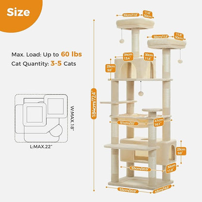 PAWZ Road Large Cat Tree, 72 Inches Cat Tower for Large Cats, Cat Condo with Sisal-Covered Scratching Posts and Pads, 2 Padded Perch, Dual Condo and Basket for Indoor Cats-Beige