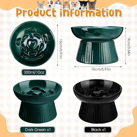 Tioncy 2 Pcs Raised Cat Slow Feeder Bowl Ceramic Elevated Cat Dog Food Bowl No Spill High Edge for Dry Wet Food and Water Easy to Clean, Dishwasher Safe(Dark Green, Black)