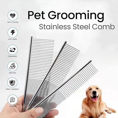[3 Pack] Stainless Steel Pet Comb Set – Grooming Combs for Dogs & Cats, Large Medium Small Sizes – for Long, Short, Curly Hair, Detangling Matted or Knotted Undercoat Hair