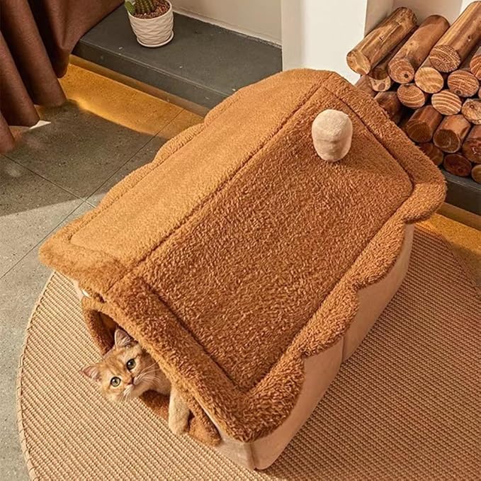 Cat Bed for Indoor Cats,Cozy Cat Cave Bed Cat House Cat Tent with Removable Cushion Pillow,Soft Warm Pet House Puppy Bed,Cute Bear Pet Nest for Cat Kitten Small Dogs (Brown, S-15.8x12.6x13.8 Inches)