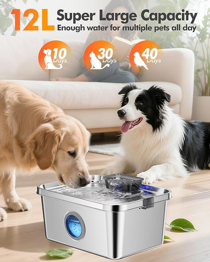 Dog Water Fountain, 12L/406oz Stainless Steel Pet Water Fountain for Large Dogs Cats, Quiet Dog Fountain Water Bowl, Visual Water Level 4 Filtration, Wide Deeper Drinking Area for Multi-Pet Home