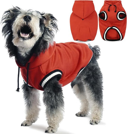 FUAMEY Dog Hoodie Winter Fleece Sweater - Pet Warm Sweatshirt Pullover With Pocket, Leash Hole - Christmas Outfit for Small Medium Large Dogs - Red S