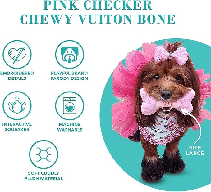 Haute Diggity Dog Pink Checker Chewy Vuiton Bone, Plush Designer Dog Toys with Interactive Squeaker, Stimulating Pet Enrichment, Machine-Washable & Safe Materials for All Breeds, Size XL