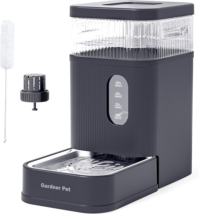 Gardner Pet 2.2 Gallon Automatic Dog Water Bowl Dispenser 8.5L Gravity Water Feeder with Stainless Steel Bowl & Maifan Stone Filter, BPA-Free for for Cats and Dogs (Grey, 2.2 Gallon)