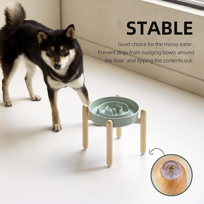 Ceramic 1.6 Cup Raised Slow Feeder Dog Bowl Set, Elevated Wooden Stand for Medium and Large Dog, 8.2inch Puzzle Slow Dish, Anti-Gulping(Light Green, Single Bowl+ Stand)