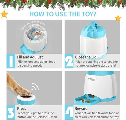 PETGEEK Dog Treat Dispenser with Button, Automatic Dog Feeder with Remote Control and Dual Power Supply, Dogs Puzzle Toys and Interactive Pet Stimulation Toys for Indoor/Outdoor Play (Blue)