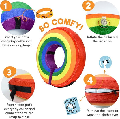 BENCMATE Inflatable Dog Cone Collar Alternative, Soft Dog Cone for Small Medium Large Dogs and Cats, Neck Recovery ECollar Donut Collar After Surgery (Medium, Rainbow)