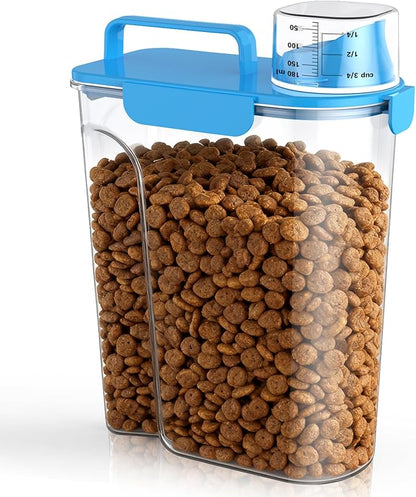 Dog Cat Food Storage Container, 5-7Lbs Pet Food Containers, Airtight Cat Food Container with Portable Handle & Measuring Cup, Small Animal Dry Food Dispenser for Dogs, Cats and Birds
