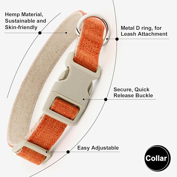 Plutus Pet Cotton Hemp Dog Collar and Leash Set, Adjustable Collar for Small, Medium, and Large Dogs, Heavy Duty and Soft on Skin, Orange, XS