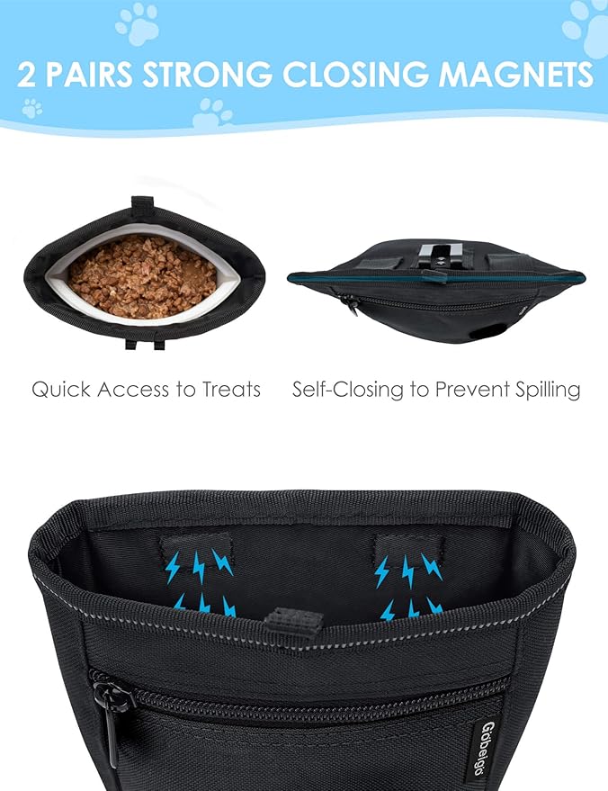 Gobeigo【Silicone Insert Bag Version】Dog Treat Pouch and Training Clicker, 2 Pair Magnetic Closure, 2 Cup Walking Fanny Pack with Poop Bag Dispenser, Metal Belt Clip &Waist Strap