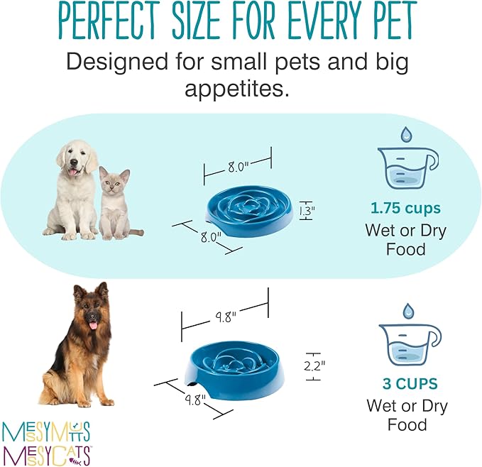 Messy Mutts Interactive Slow Feeder | Puzzle Slow Feeder Dog or Cat Bowl | Enrichment Food Dish for Eating, Prevent Bloating | 9.8” x 2.2” | 3 Cup | Blue