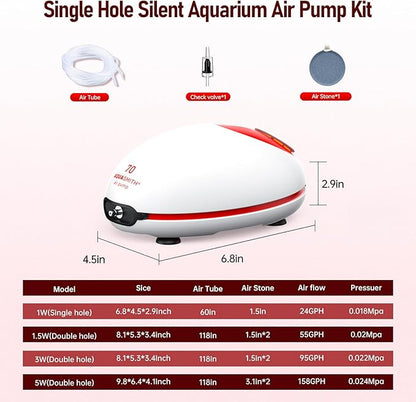 1w Ultra Quiet Aquarium Air Pump, Aquarium Aerator Adjustable Airflow, Single Hole Suitable for 20 to 40 GPH Fish Tank