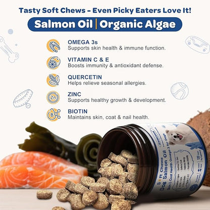ZEBORA Salmon Oil for Dogs Skin and Coat - Omega 3 6 9 Fish Oil Soft Chews for Dogs Itchy Skin Relief - Dog Fish Oil Supplements EPA DHA Rich with Vitamins C & E - Allergy Relief & Shedding, 120 Ct