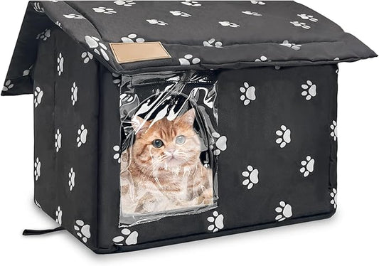Fhiny Stray Cats Shelter, Waterproof Outdoor Cat House Foldable Warm Pet Cave for Winter Wild Animal Tent Bed Anti-Slip Kitten Cave for Feral Cat Dog Puppy Weatherproof Black (L:17.7"×15"×16.5")