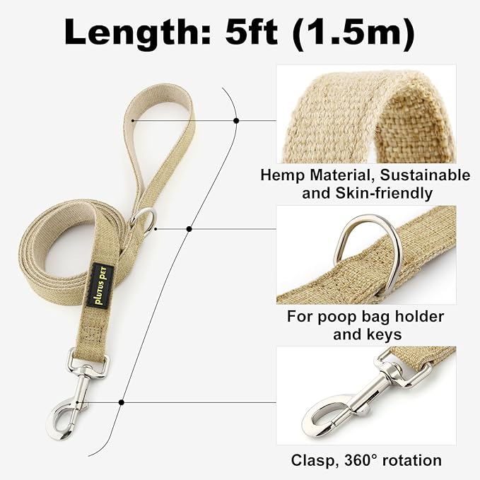 Plutus Pet Cotton Hemp Dog Collar and Leash Set, Adjustable Collar for Small, Medium, and Large Dogs, Heavy Duty and Soft on Skin, Khaki, XL