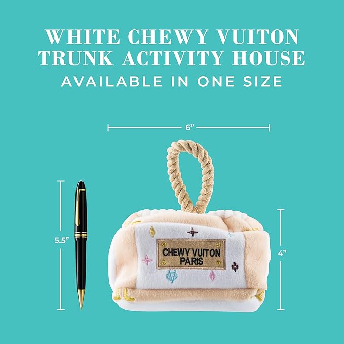 Haute Diggity Dog White Chewy Vuiton Trunk Activity House, Plush Designer Dog Toys with Interactive Squeaker, Stimulating Pet Enrichment, Machine-Washable & Safe Materials for All Breeds, One Size