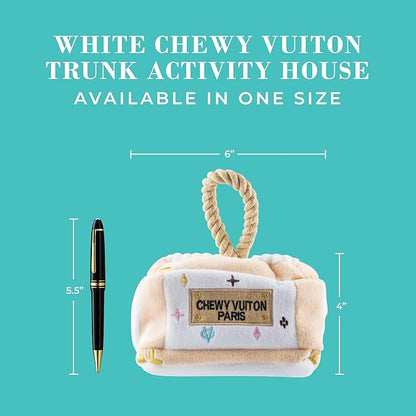Haute Diggity Dog White Chewy Vuiton Trunk Activity House, Plush Designer Dog Toys with Interactive Squeaker, Stimulating Pet Enrichment, Machine-Washable & Safe Materials for All Breeds, One Size
