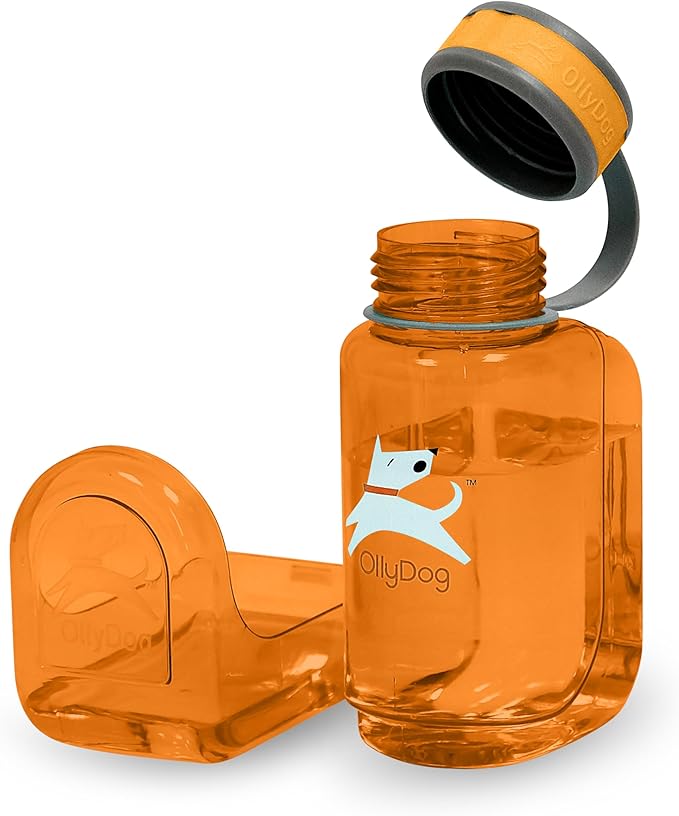 OllyDog OllyBottle, Dog Water Bottle, Pet Water Dispenser with Detachable Bowl, Pet Accessories for Outdoor Walking, Hiking, Travel (600ml, Flame)