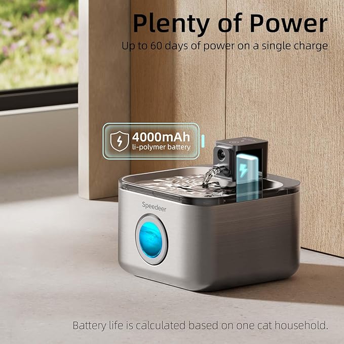 Wireless Cat Water Fountain Stainless Steel, 135oz/4L Pet Fountain Battery Operated, Cordless Running Water Dispenser for Cats & Dogs with Motion Sensor, Ultra Quiet, Multi-Filtration, 6 Filters