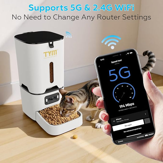 TYM Automatic Cat Feeder with Camera, 5G WiFi Automatic Dog Feeder with APP Control, 7L Remote Feeding Auto Cat Food Dispenser,Reliable, Easy Cleaning