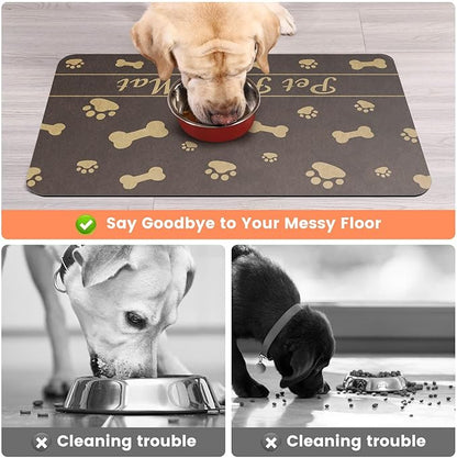 Pet Feeding Mat-Absorbent Pet Placemat for Food and Water Bowl, with Waterproof Rubber Backing, Quick Dry Water Dispenser Mat for Dog and Cat (20"x12", Brown)